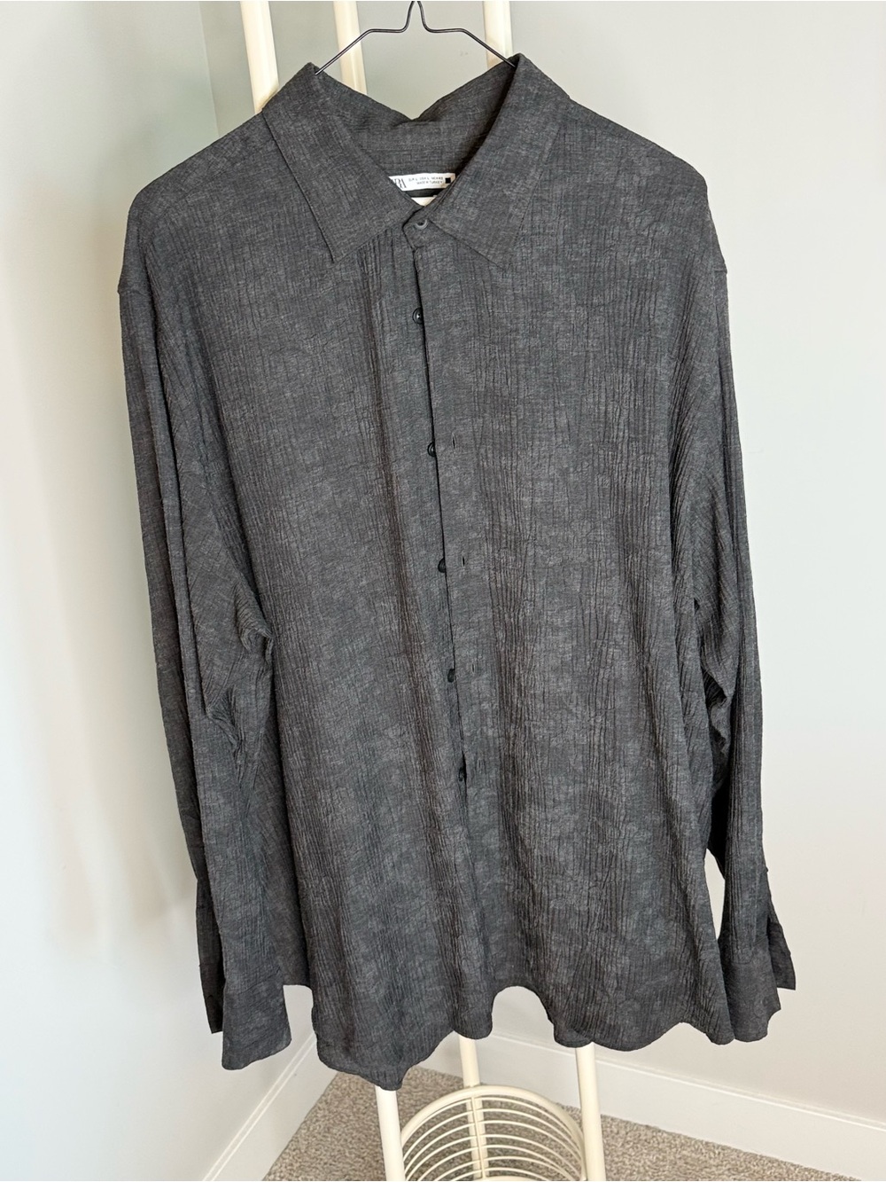 Zara Men's Dark Charcoal Textured Button-Down Shirt and pants set
